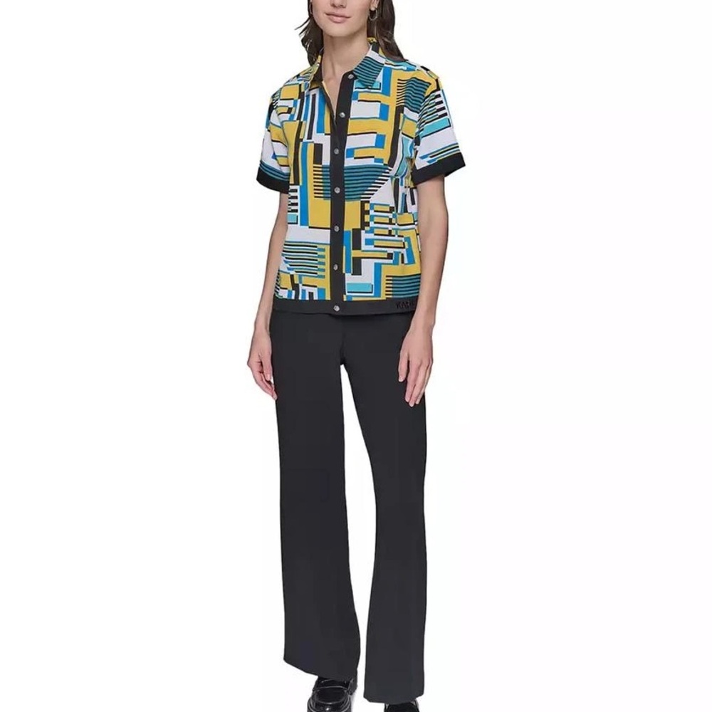 Karl Lagerfeld Women's Abstract-Print Button-Down Short-Sleeve Top - Picture 5 of 9